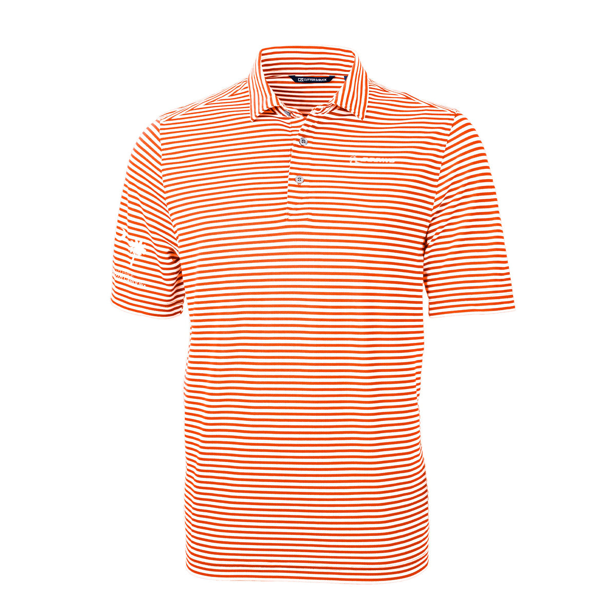 Orange and white striped polo shirt with short sleeves and a collar. Featuring subtle branding on the chest and sleeve, the design is casual and sporty.