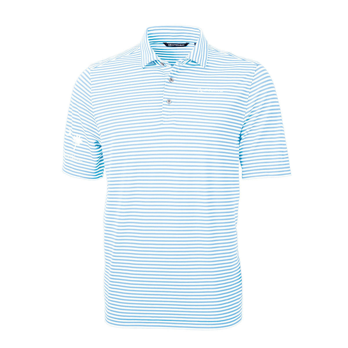 Light blue and white striped polo shirt with a button-up collar. Features subtle logos on the left chest and sleeve, creating a casual, sporty look.
