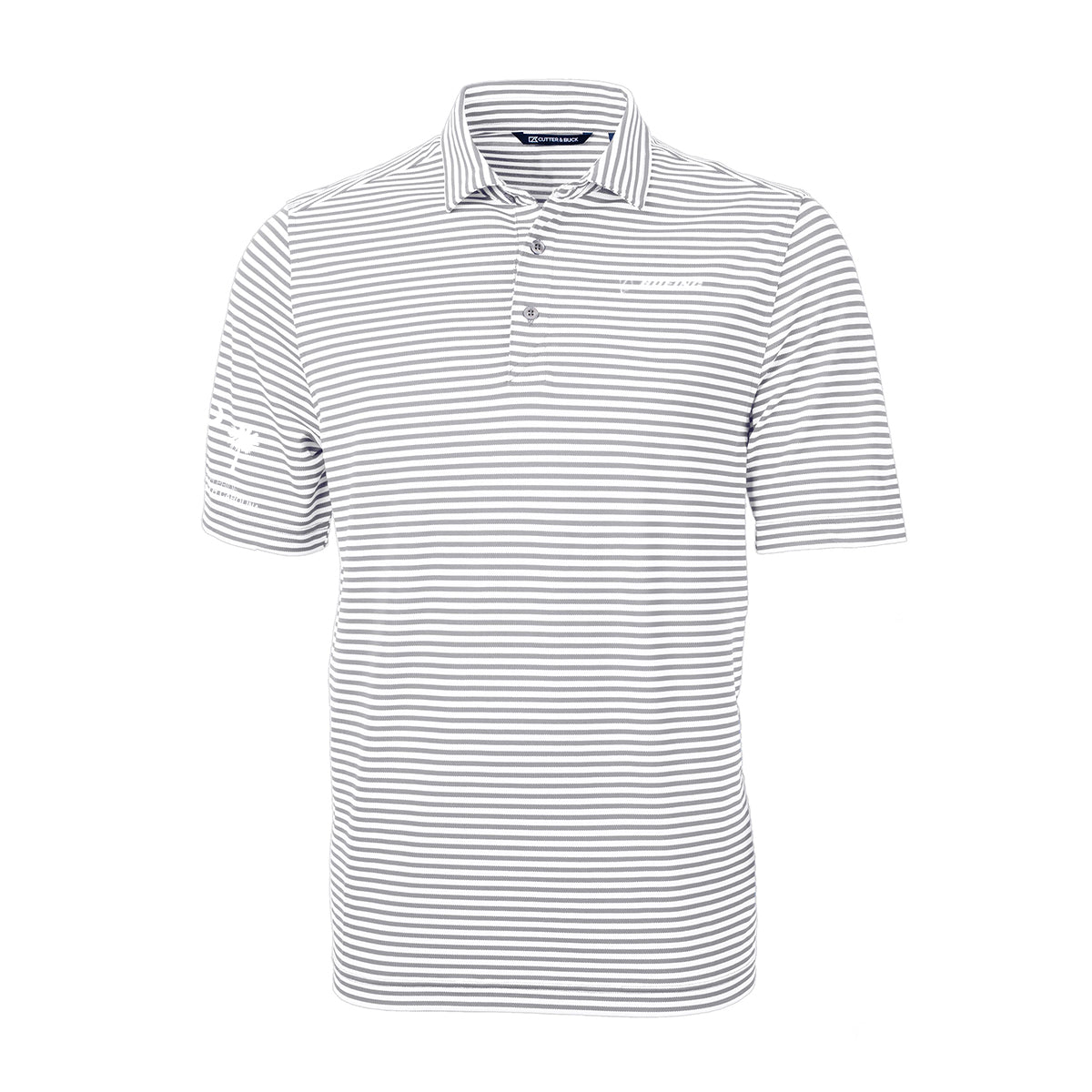 White and gray striped polo shirt with a three-button collar. The left sleeve features a subtle design. The style is casual and modern.