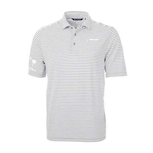 White and gray striped polo shirt with a three-button collar. The left sleeve features a subtle design. The style is casual and modern.