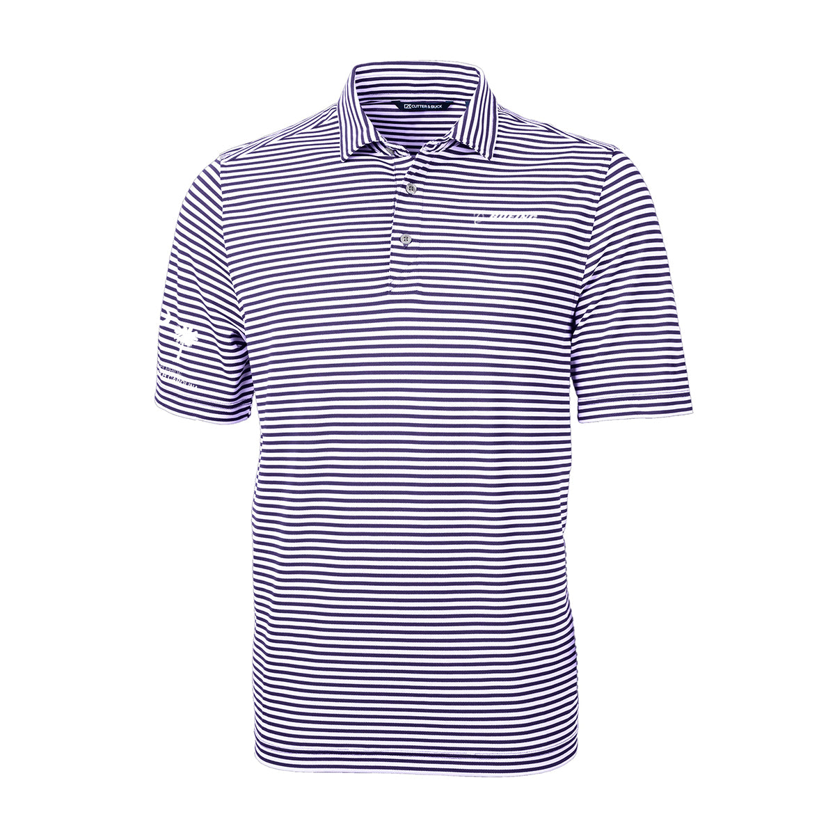 White and purple striped golf polo shirt with a collar and three buttons. Logo on the left sleeve and chest. The design conveys a sporty, casual tone.