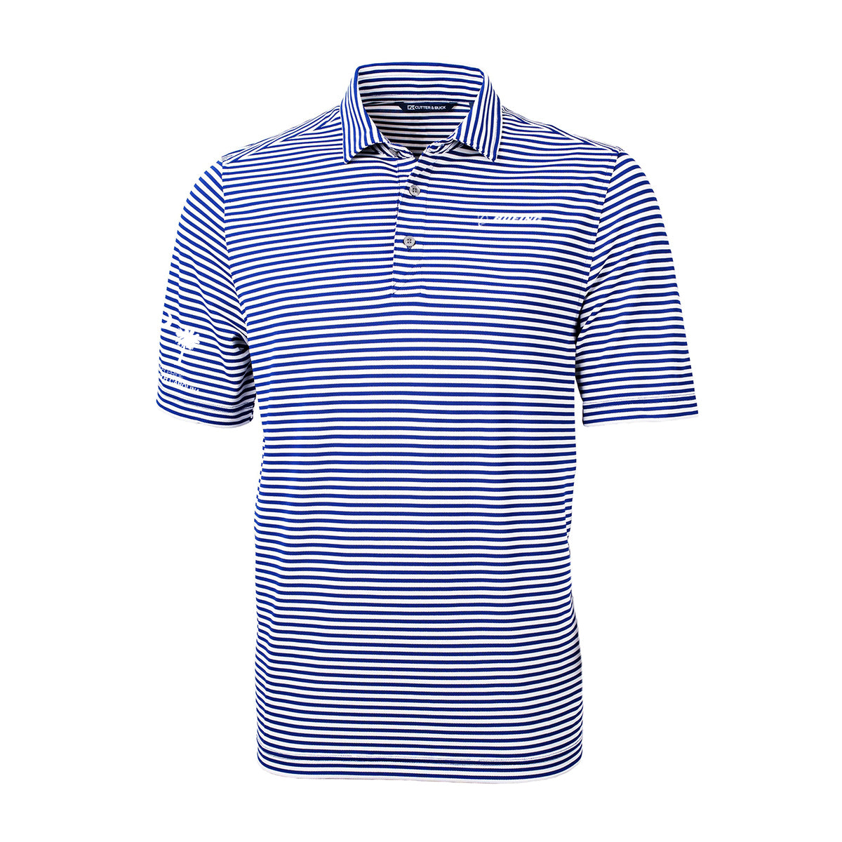 Blue and white striped polo shirt with a collar and three buttons. The left sleeve features a small, white logo. The design is casual and sporty.